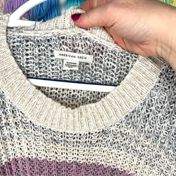 American Eagle Oversized Slouchy Knit Stripe Purple Blue Crewneck Sweater XL - Picture 6 of 14